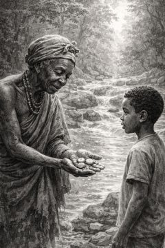 An old woman hands magic stones to a boy
