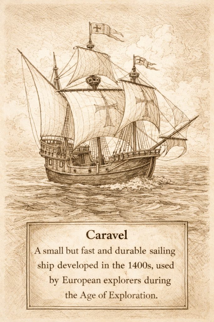 Caravel, a small but fast and durable sailing ship that made ocean travel possible during the European Age of exporation.