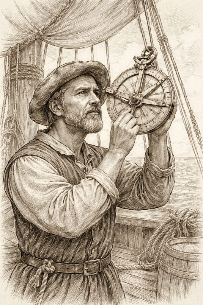 A sailor using an astrolabe, a navigational instrument developed during the European age of exploration.