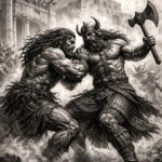 Gilgamesh and Enkidu battle.