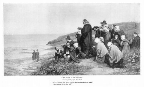 Pilgrims watch as the Mayflower sails away over the horizon