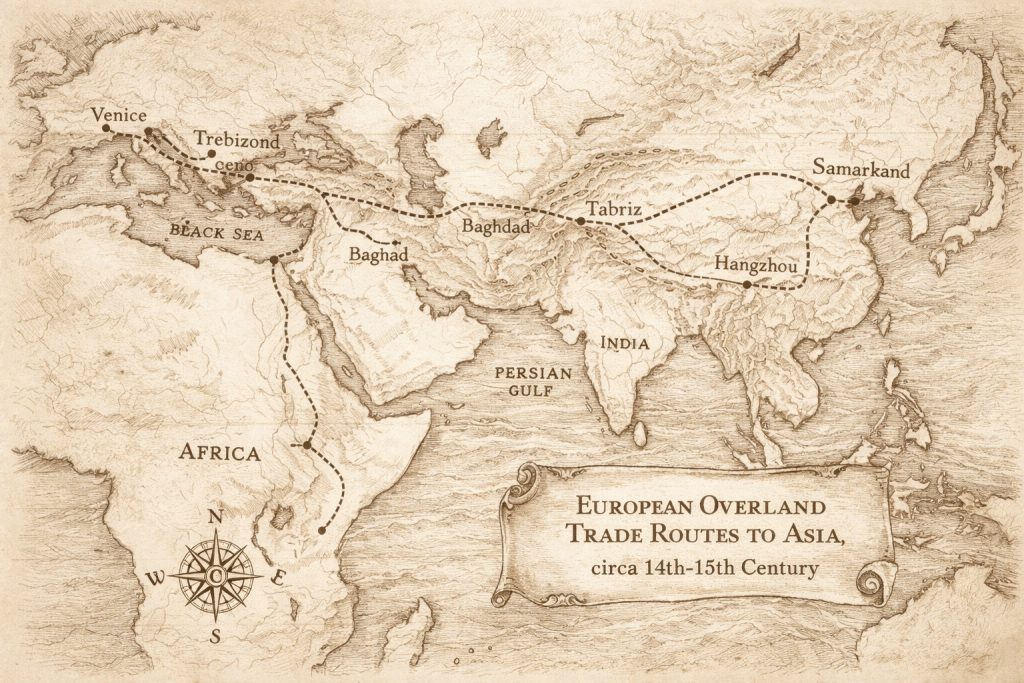 Map of the Silk Road. This trade route preceded the European exploration by sea.