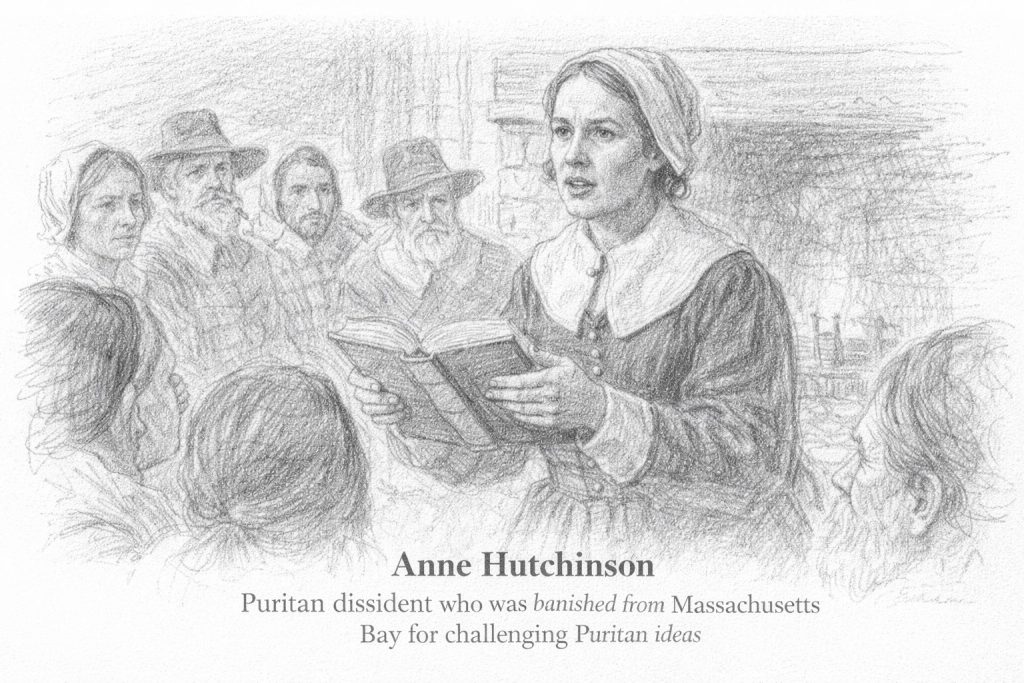 Image depicting Anne Hutchinson, a dissident who was banished from the Massachusetts Bay Colony