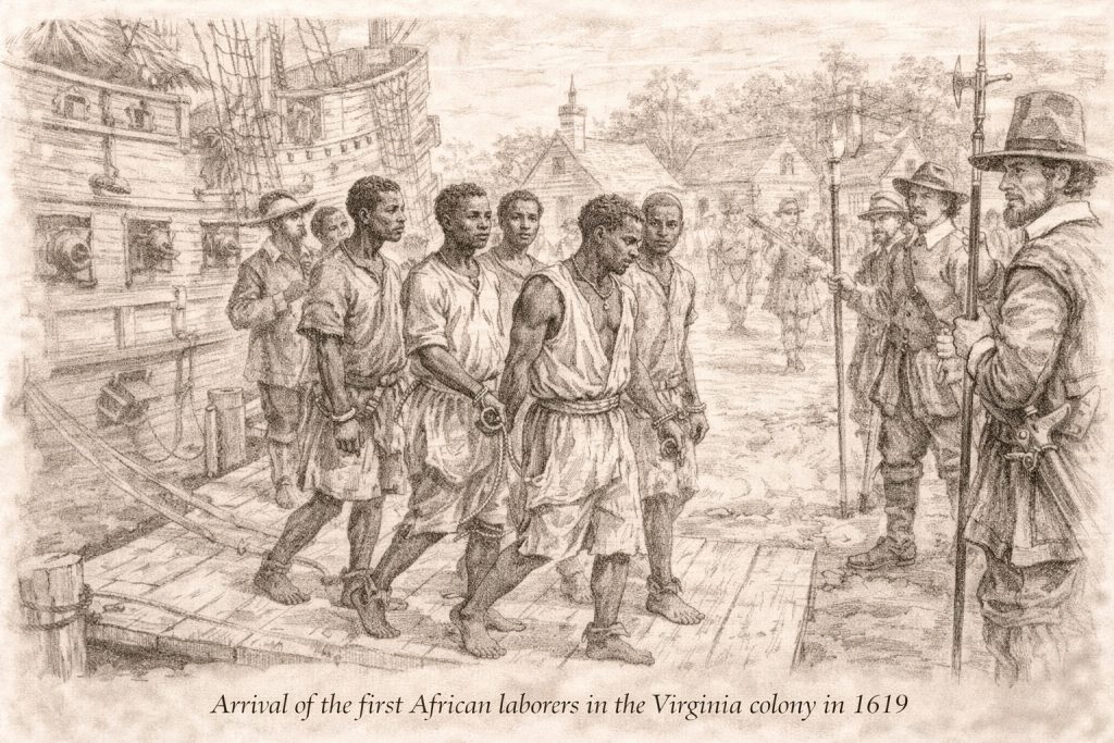 Arrival of the first African laborers into the colonies in 1619. It is unclear whether they were indentured servants or enslaved.