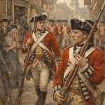 British soldiers patrolling the streets of colonial Boston