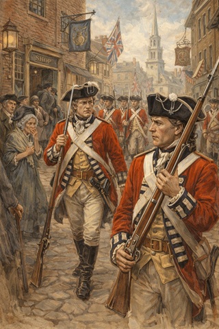 British soldiers patrolling the streets of colonial Boston