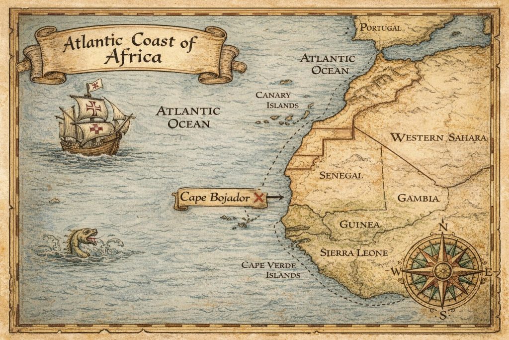 Map showing the west coast of Africa and the location of Cape Bojador