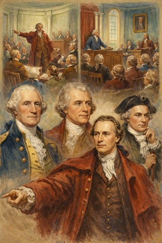 Montage of colonial assembly halls and leaders