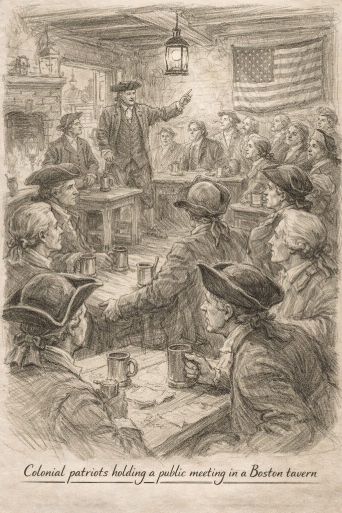Colonial patriots holding a meeting in a tavern in Boston