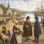 Colonial Rhode Island village by waterfront