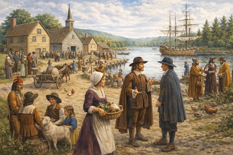 Colonial Rhode Island village by waterfront