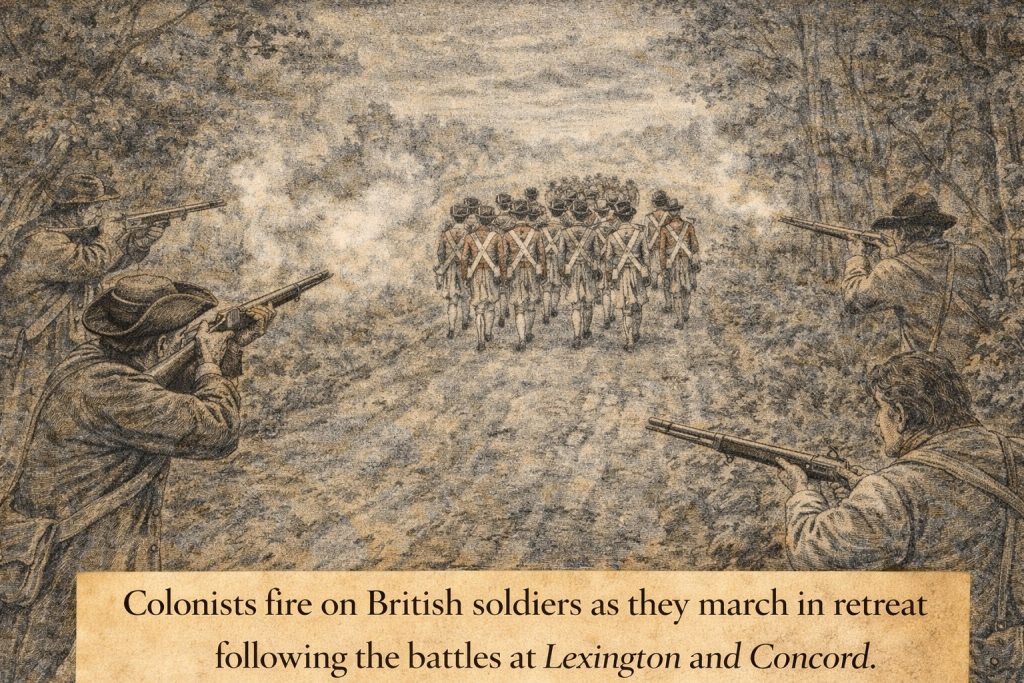 Colonists fire on retreating British soldiers