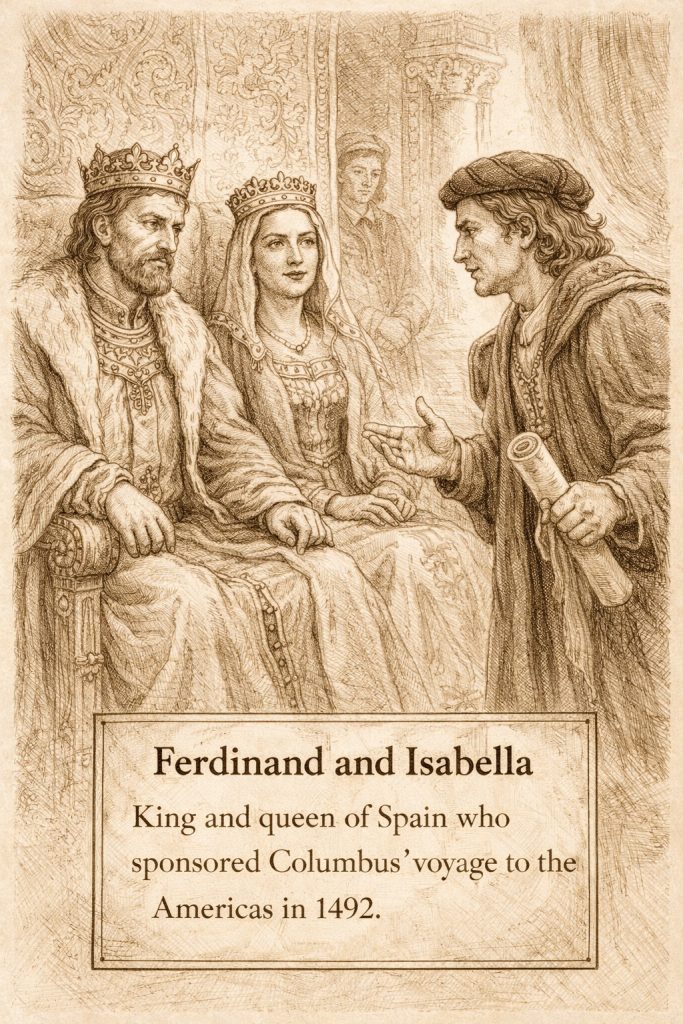 Ferdinand and Isabella, king and queen of Spain, who sponsored Columbus' voyage to the Americas in 1492.