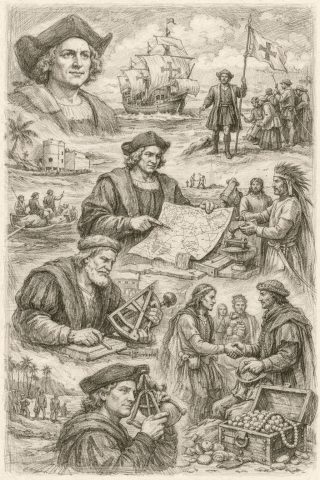 A montage related to the voyages of Christopher Columbus