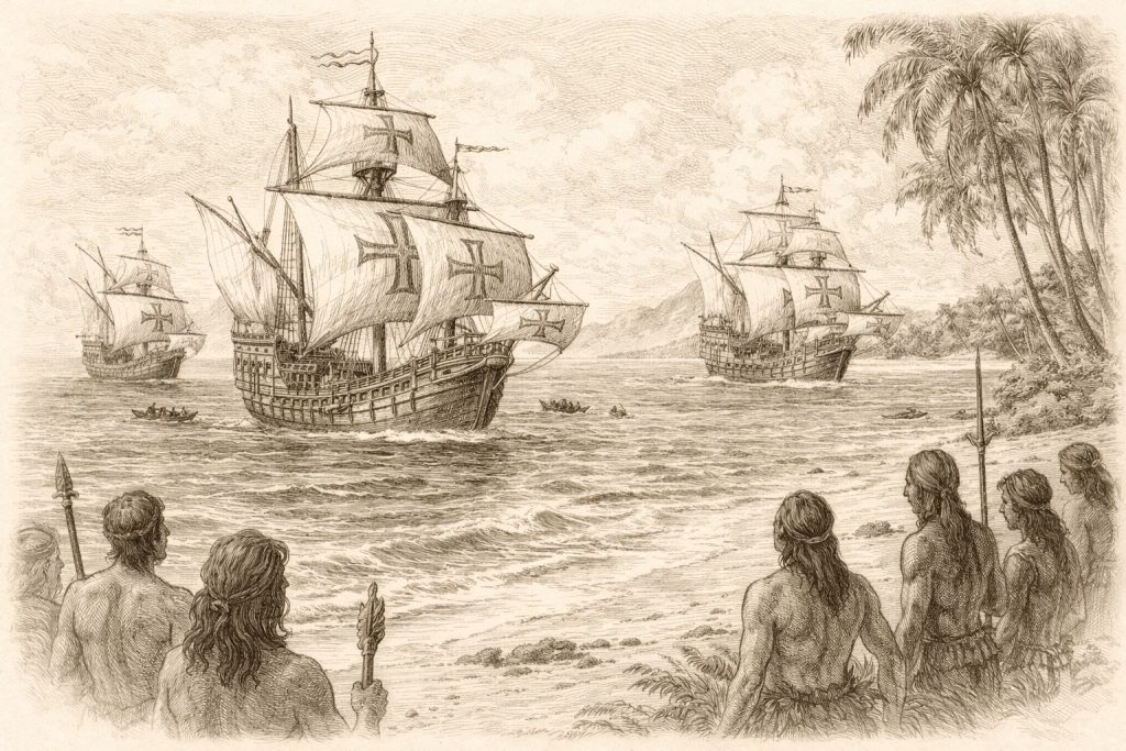 Ships captained by Christopher Columbus arrive in the New World