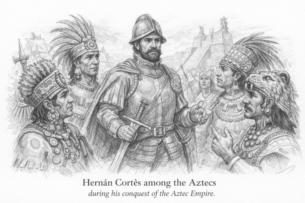 Spanish conquistador Hernan Cortes among the Aztecs