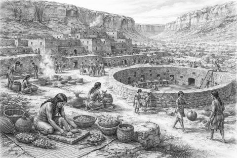 Drawing of ancient people who lived in Chaco Canyon