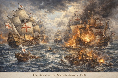 Color image depicting the defeat of the Spanish Armada