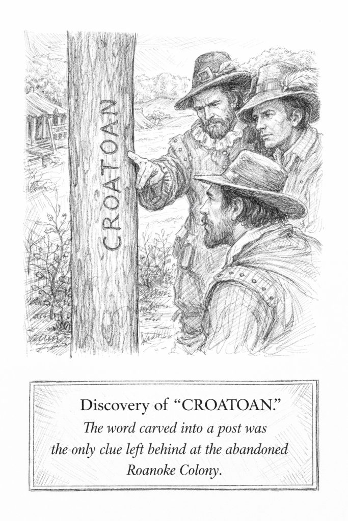 Discover of the post on Roanoke Island with "CROATOAN" carved in it.