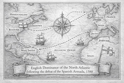 Map illustrating English naval dominance following the defeat of the Spanish Armada