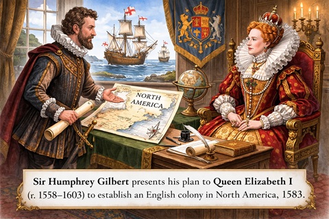 Sir Humphrey Gilbert presenting his plan to Queen Elizabeth I