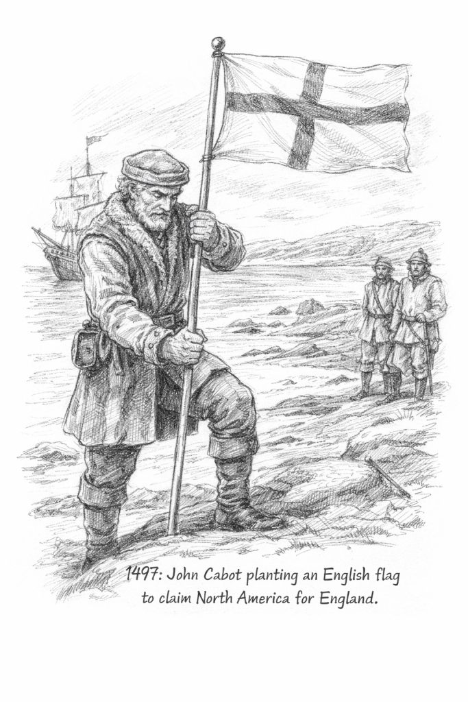 John Cabot planting an English flag to claim North America for the English crown.