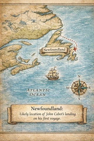 Map showing the likely of location of John Cabot's landing in North America