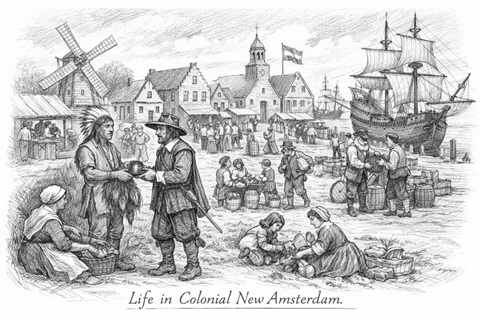 Artist's depiction of life in colonial New Amsterdam