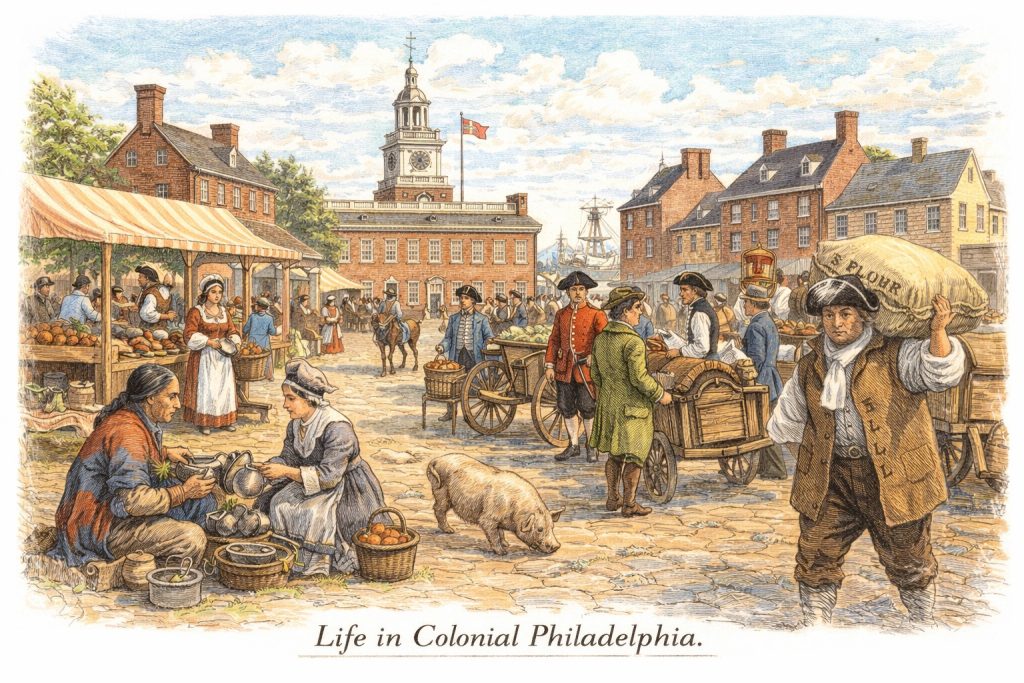 Artist's depiction of colonial life in Philadelphia
