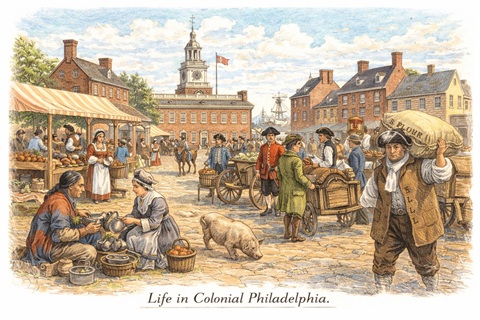 Artist's depiction of life in colonial Philadelphia