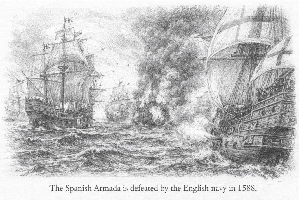Image of the naval battle between Spain and England in 1588, in which the Spanish Armada was defeated.