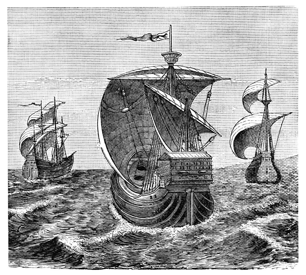 Woodcut engraving of Columbus' ships