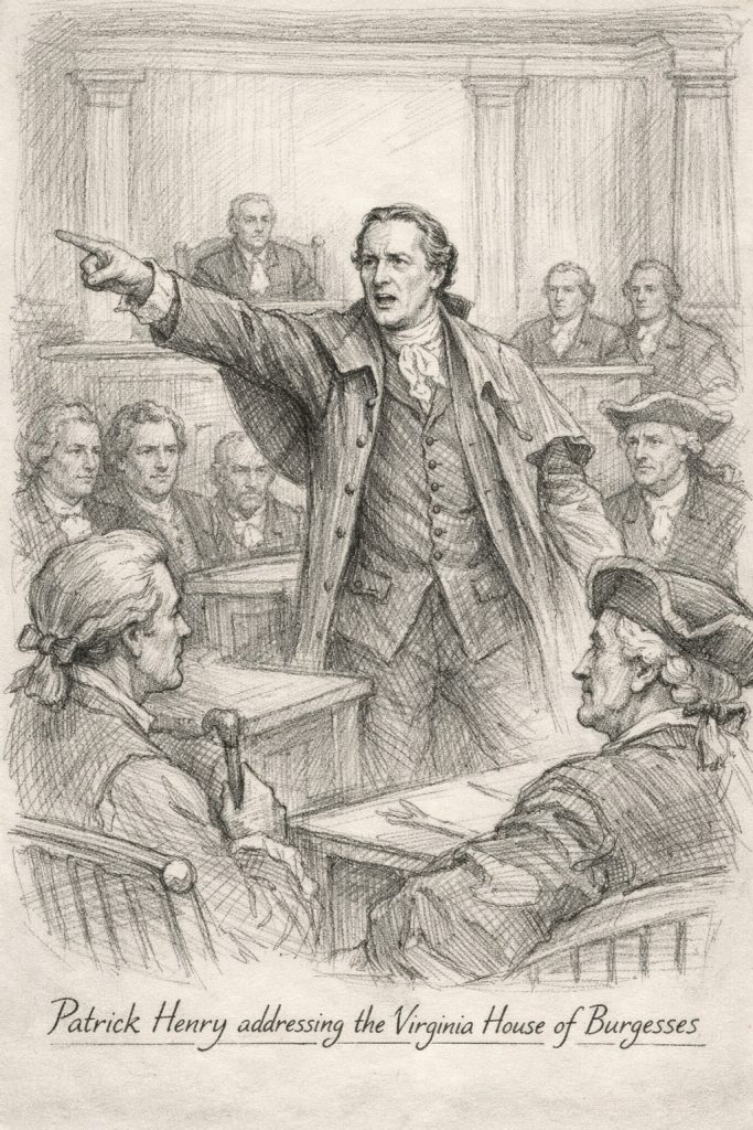 Patrick Henry addressing the Virginia Assembly (House of Burgesses)