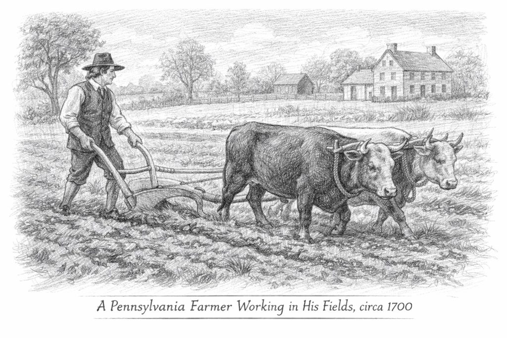 A Pennsylvania farmer at work in his fields, around 1700