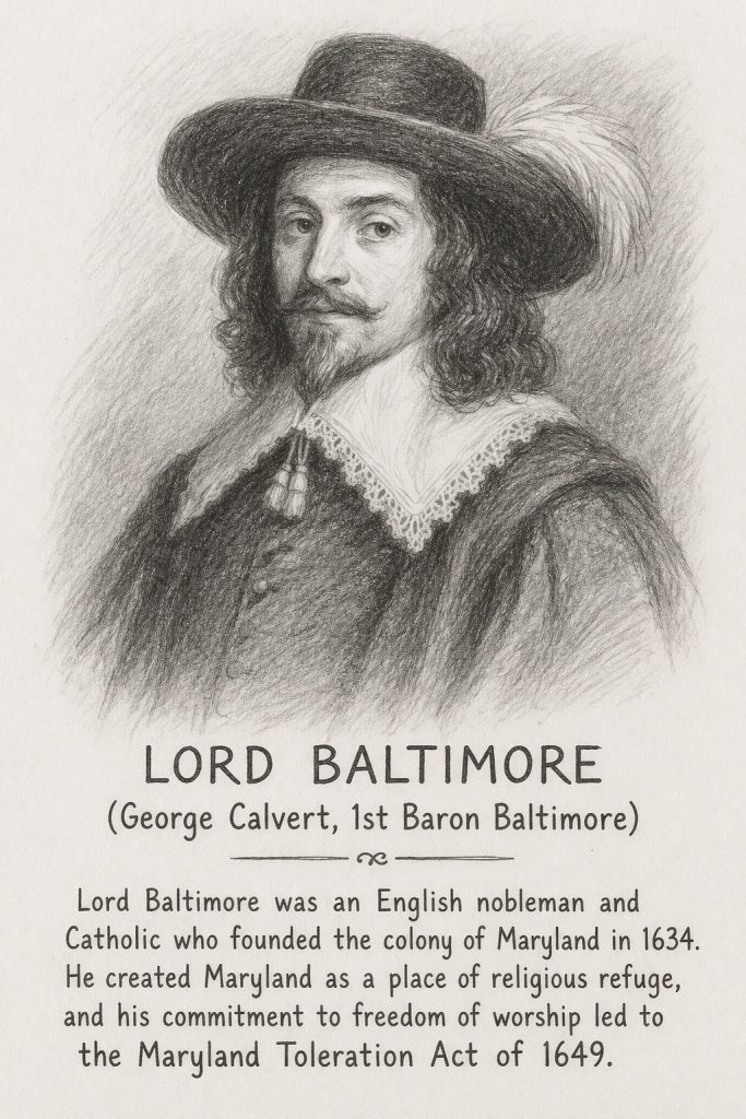 Artist's depiction of Lord Baltimore, founder of the Maryland colony.