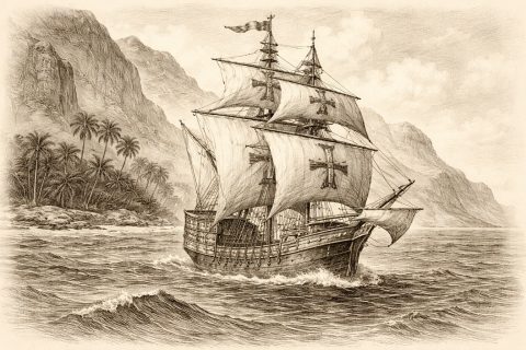 Image depicting a Portuguese carvel sailing off the African coast