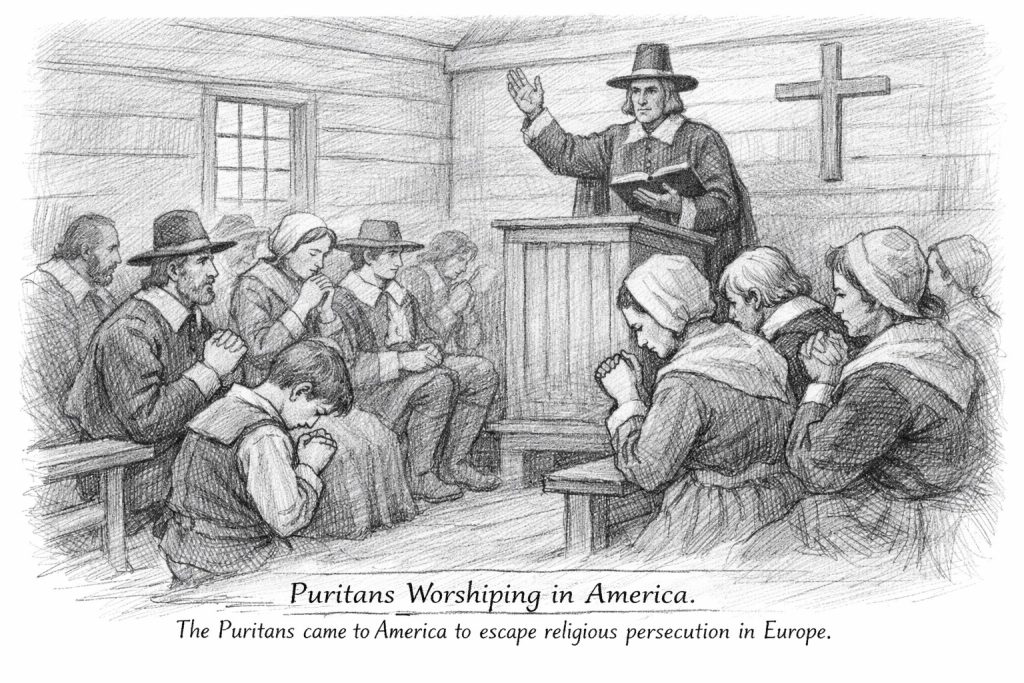 A group of Puritans worshiping in America