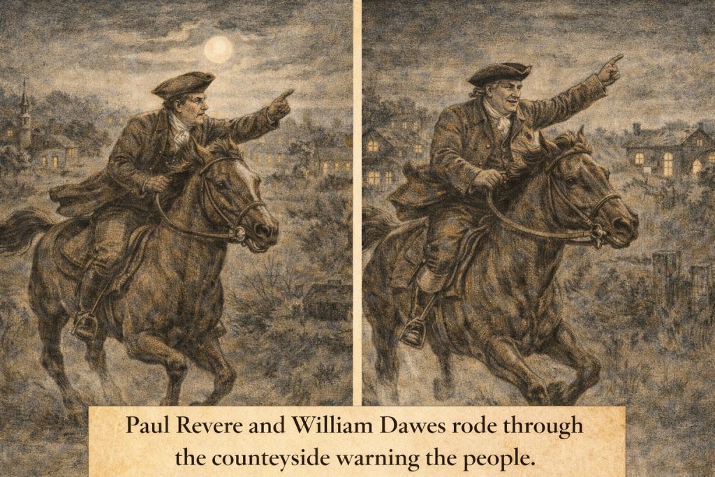 Paul Revere and William Dawes riding through the countryside warning the people