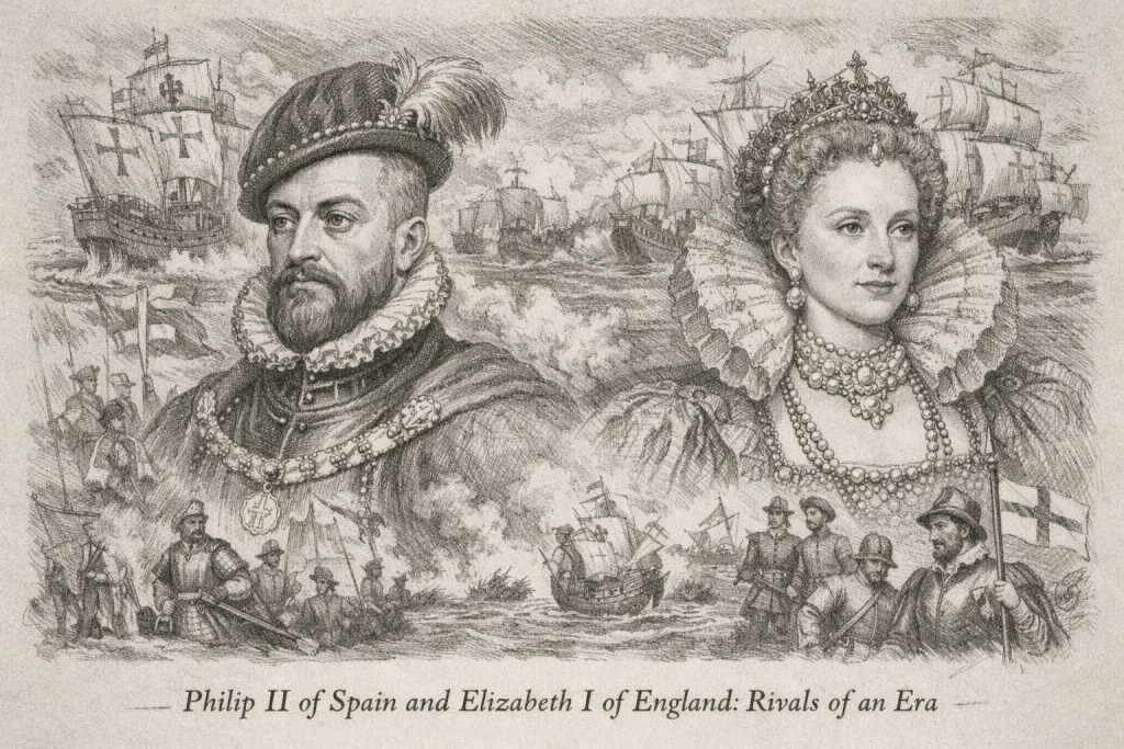 Montage showing King Philip II of Spain and Queen Elizabeth I of England, two rivals during the European Age of Exploration