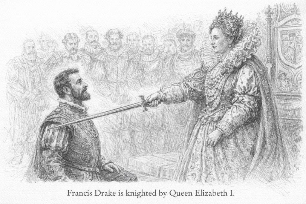 Image of Sir Francis Drake's knighthood ceremony at the hands of Queen Elizabeth I.