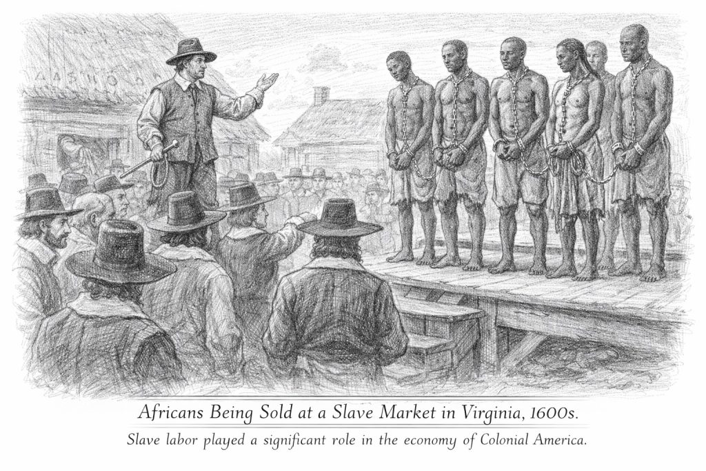 Africans being sold at a slave market in early Virginia