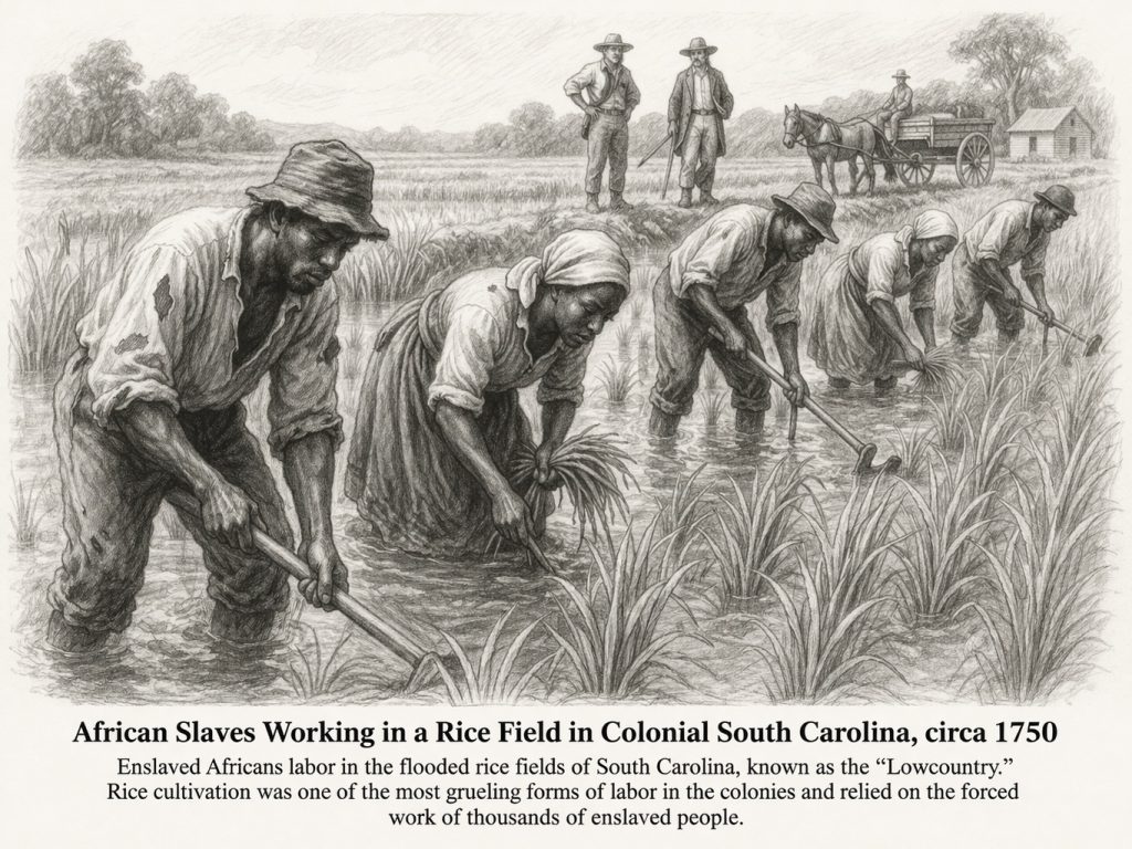 Artist's depiction of enslaved Africans working in flooded rice field in South Carolina