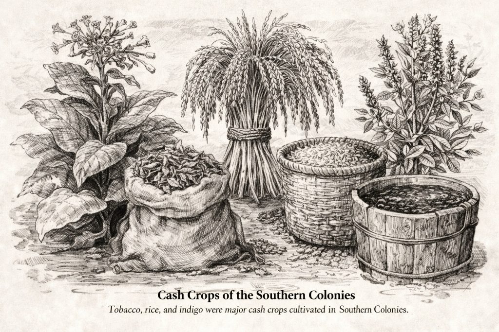 Southern cash crops, including tobacco, rice, and indigo