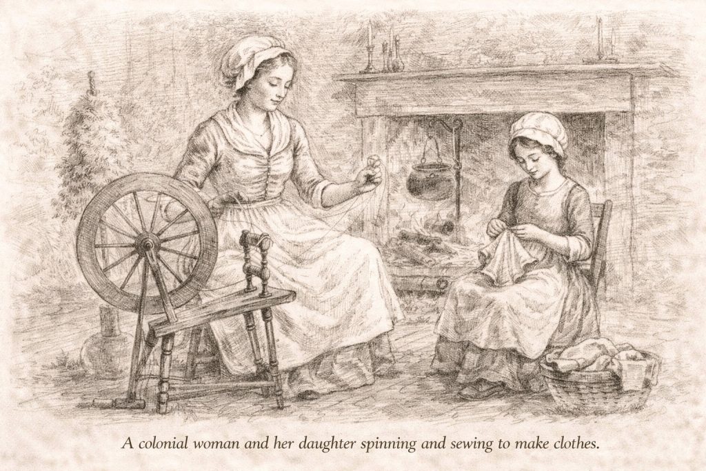 A woman and her daughter spinning and sewing to make clothes