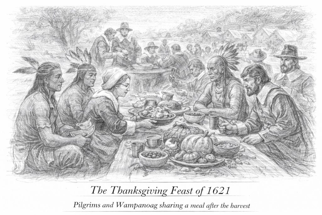 Thanksgiving feast of 1621, with Pilgrims and Wampanoag 
