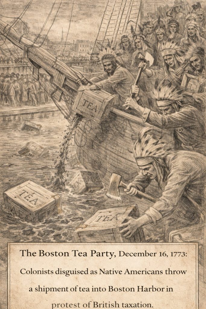 Artist's depiction of the Boston Tea Party