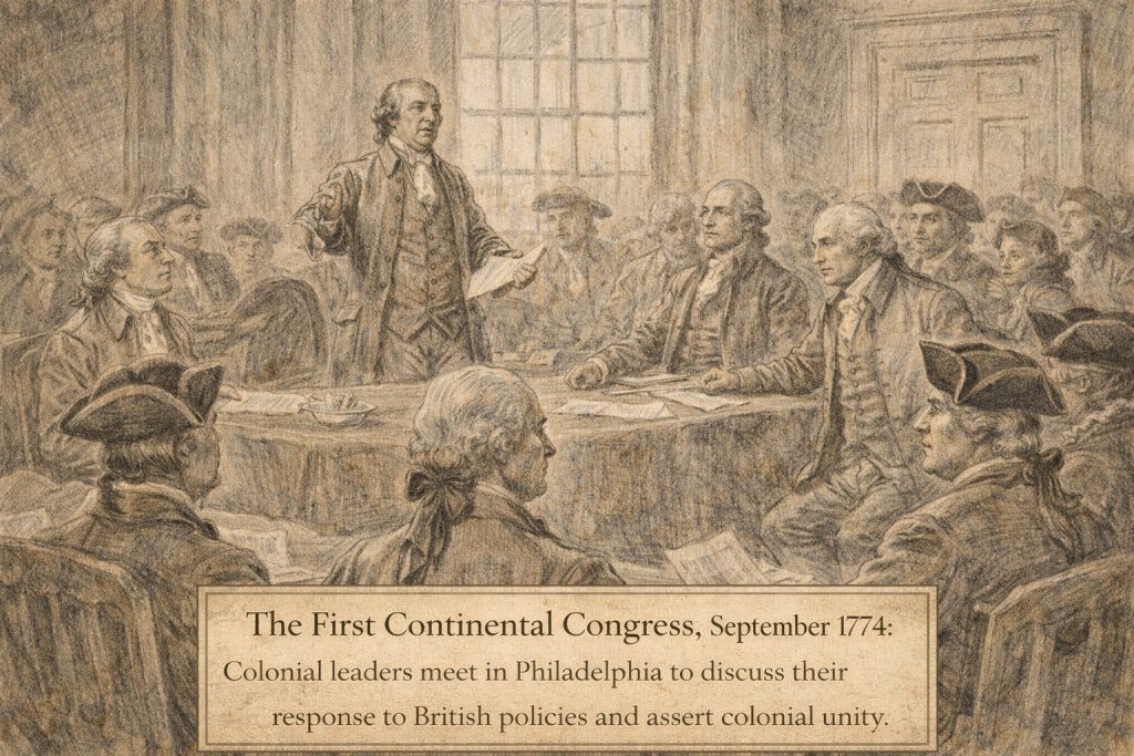Artist's depiction of colonial leaders meeting in the First Continental Congress