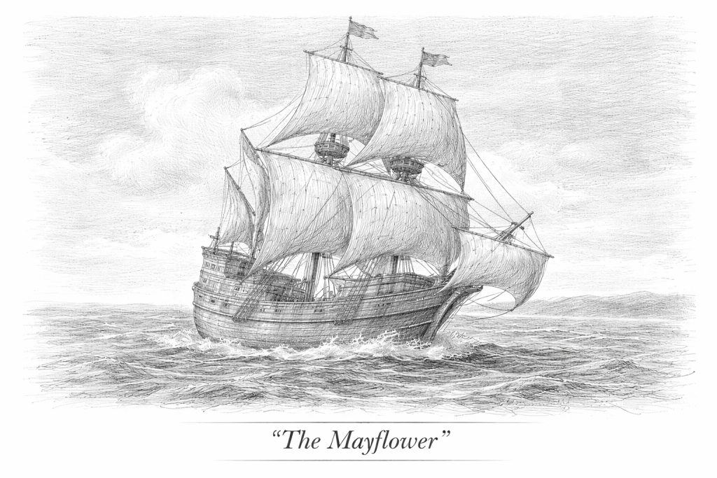 The Mayflower in choppy seas.