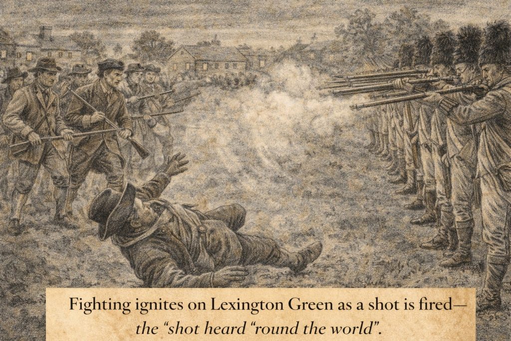 Depiction of the fighting that broke out after the "shot heard 'round the world' was fired