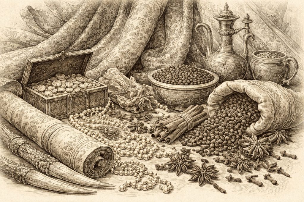 Image of trade treasures from the East, including spices, gold, silks